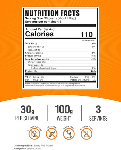 BulkSupplements.com Barley Rice Protein Powder - Vegan Protein Powder, Unflavored Protein Powder - Dairy Free Protein Source, 30g per Serving, 100g (3.5 oz) (Pack of 1)