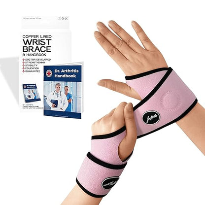 Doctor Developed Wrist Brace - Wrist wrap for Carpal Tunnel Arthritis,Tendonitis, Hand Support - Ideal for Fitness, Weightlifting - Handbook included (Pink, 2 Pack)