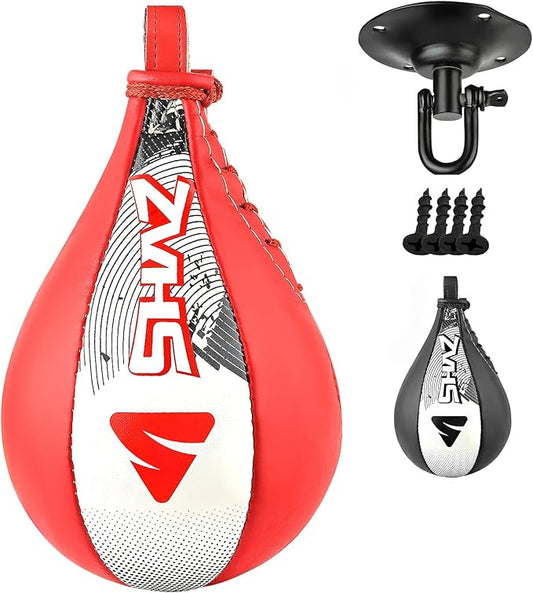 SHAZ Skin-Tec Leather Boxing Speed Bag with Swivel Punching Training Speedbag MMA Muay Thai Punch Speed Ball with Hanging Swivel Mount Dodge Striking Speedball