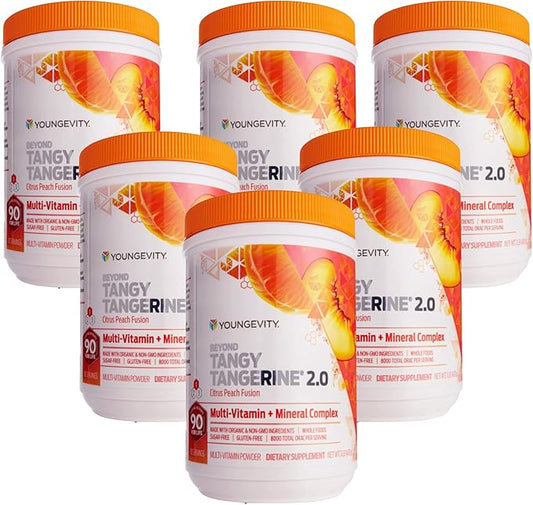 Youngevity Beyond Tangy Tangerine 2.0 Citrus Peach Fusion Multi-Vitamin & Mineral Complex - Made with Natural & Whole Foods | 8,000 ORAC (6-Pack)