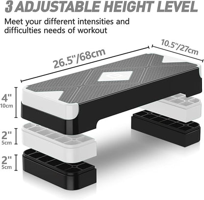 Aerobic Exercise Step, Adjustable Aerobic Stepper for Exercise, Workout Step Platform for Step Up, 26.5" Step Deck with 4” 6” 8” Adjustable Height Risers, Women Home Gym Cardio Fitness
