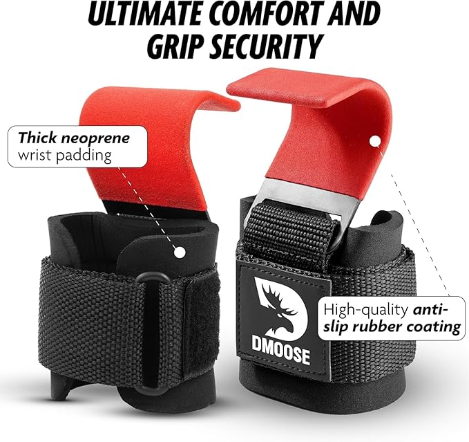 DMoose Fitness Weight Lifting Hooks (Pair) for Deadlifts, Pull Ups & Shrugs - 500 Lbs Capacity, Thick Wrist Padding - Heavy Duty Gym Workout Grips Straps for Men and Women