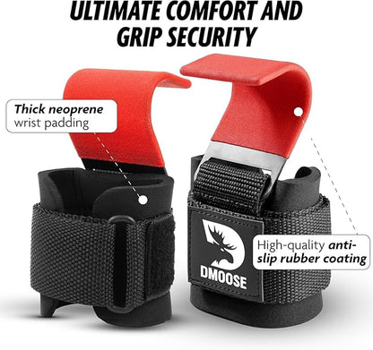 DMoose Fitness Weight Lifting Hooks (Pair) for Deadlifts, Pull Ups & Shrugs - 500 Lbs Capacity, Thick Wrist Padding - Heavy Duty Gym Workout Grips Straps for Men and Women