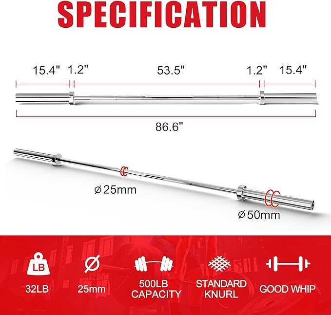Olympic Barbell Weight Bar for Weightlifting 7ft/6ft/5ft for 500lbs/400lbs/330lbs Weight