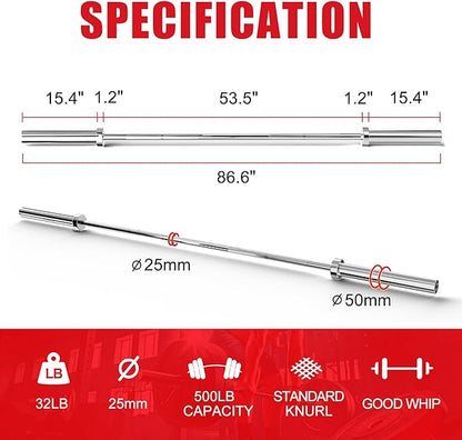 Olympic Barbell Weight Bar for Weightlifting 7ft/6ft/5ft for 500lbs/400lbs/330lbs Weight