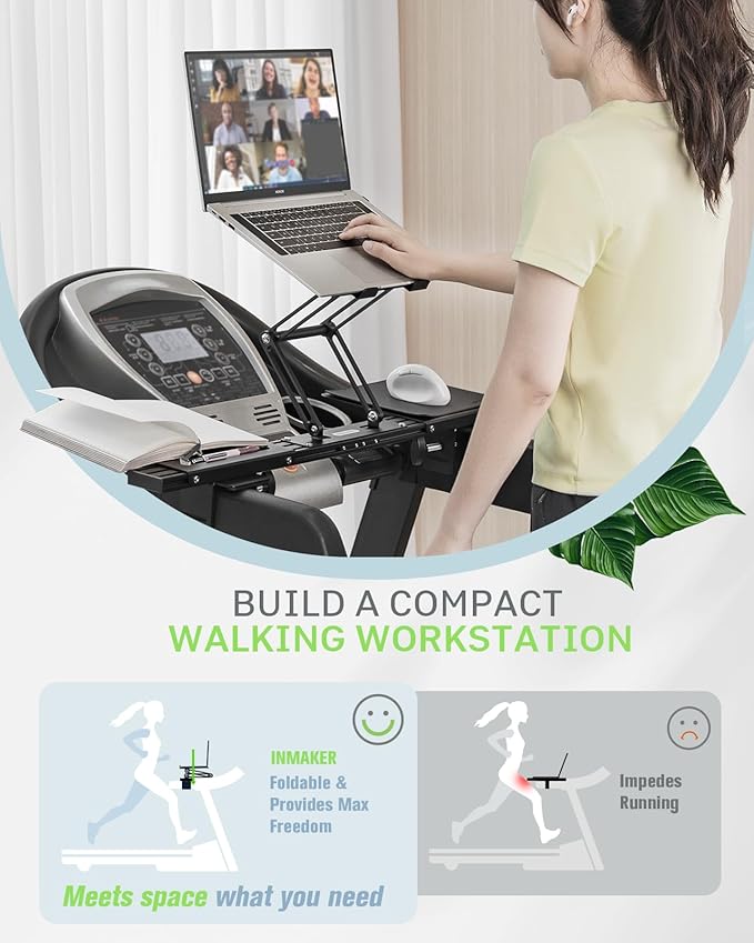 INMAKER Treadmill Desk Attachment, Universal Treadmill Laptop Holder Adjustble Height Width, Aluminum Laptop Stand for Treadmill with Tray Black
