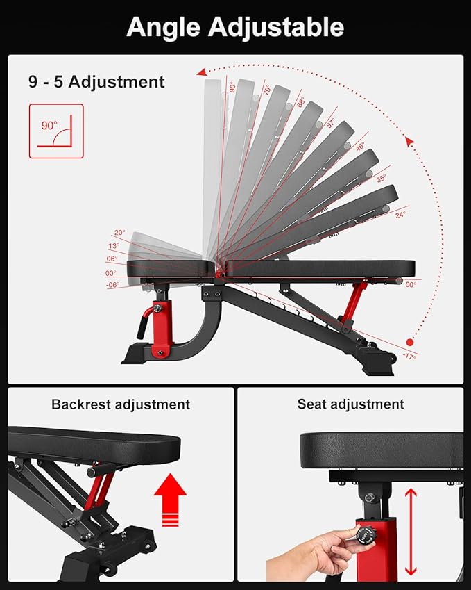 YouTen 1000 LB Adjustable Weight Bench 9-4-4 Almost 90° Incline