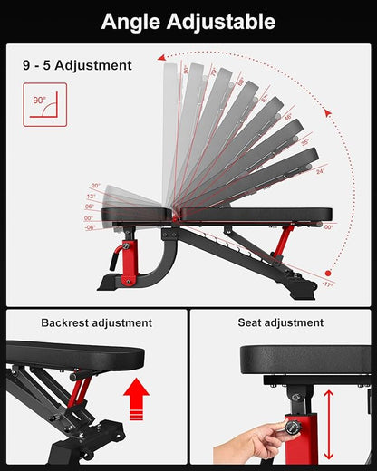 YouTen 1000 LB Adjustable Weight Bench 9-4-4 Almost 90° Incline
