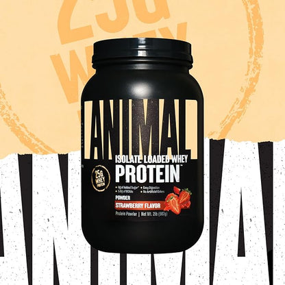 Animal Whey Isolate Protein Powder - Loaded for Pre & Post Workout Muscle Builder and Recovery with Digestive Enzymes for Men & Women - 25g Protein, Great Taste, Low Sugar - Strawberry 2 lbs