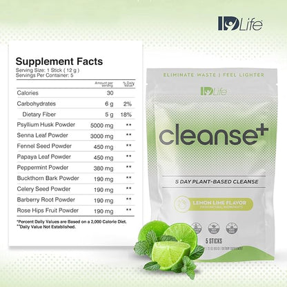 IDLife | Cleanse+ - Lemon-Lime | Cleanse+ Powder Drink Mix - 5-Day Gut Reset Formula for Healthy Elimination and Nutrient Absorption - for Digestive and Gut Health - 5 Sticks per Bag