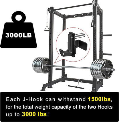 SELEWARE Solid Steel J Hooks for 2" x 2" or 3" x 3" Tube Power Cage with 1" or 5/8" Hole Squat Rack Attachment, J-Hook Barbell Holder for Power Rack, Set of 2