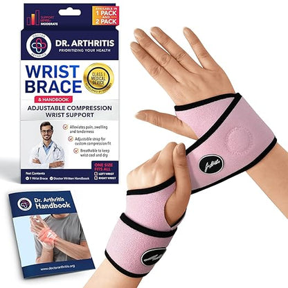 Doctor Developed Wrist Brace - Wrist wrap for Carpal Tunnel Arthritis,Tendonitis, Hand Support - Ideal for Fitness, Weightlifting - Handbook included (Pink, 2 Pack)