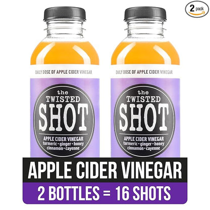 The Twisted Shot | Apple Cider Vinegar Wellness Shots with Honey, Cinnamon, Ginger and Turmeric | Digestion, Immunity and Gut Health Support | Ready to Drink Shots | 100% Organic | 2, 16 fl oz Bottles