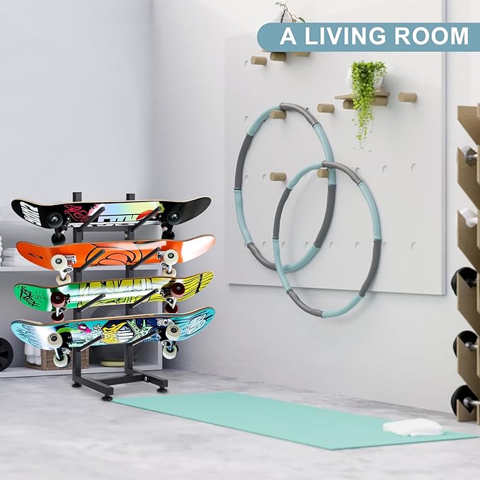 BiJun Skateboard Racks Floor Stand, 4-Layer Skateboard Holder,Snowboard Storage Rack, Skateboard Organizer Floor Stand for Deck, Longboard, Snowboard, Standard Skateboards, Mini Cruiser Skateboard
