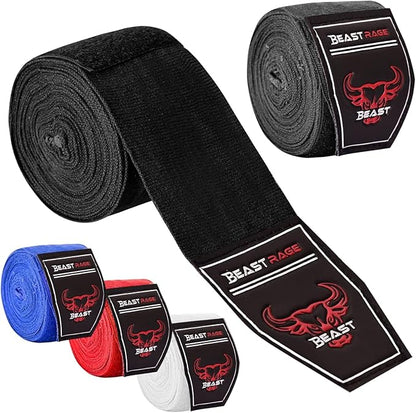 BEAST RAGE Boxing Hand Wraps 4.5 Meter Martial Arts Bandages Inner Gloves Wrist Support Straps Punching Under Hand Knuckles Heavy Elasticated Training Bag Mitts Muay Thai