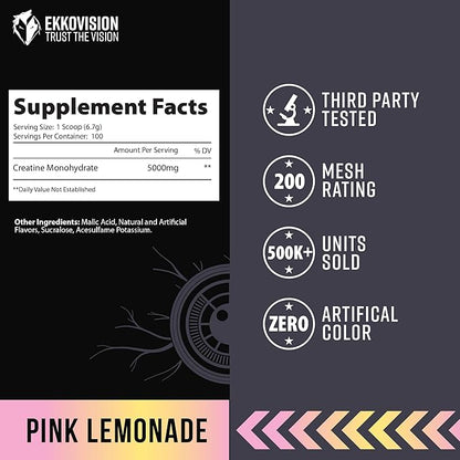 Creatine Monohydrate Powder, Micronized, Pink Lemonade, Pre Workout & Post Workout Supplement for Men and Women, Energy Support, Easy to Mix in Shakes, Smoothies & Beverages, 100 Servings