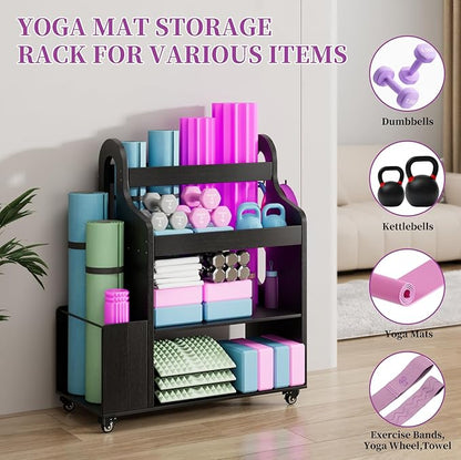 Weight Rack for Dumbbells, Home Gym Storage Rack Yoga Mat Holder with Wheels and Hooks, All in One Workout Storage for Yoga Mat, Foam Roller, Gym Organizer Storage for Home Exercise(Wood)
