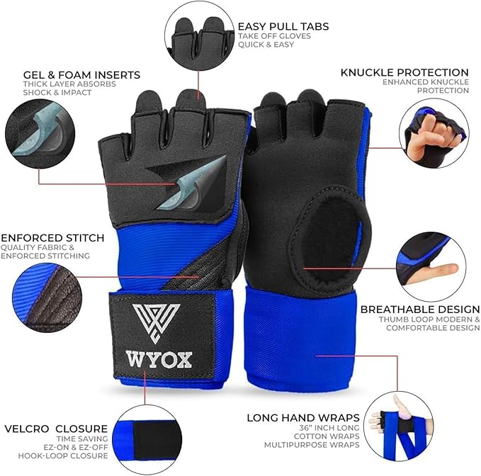 WYOX Gel Boxing Hand Wraps Inner Gloves for Men & Women, 80cm Quick Wrist Straps, Padded Knuckle Protection for Muay Thai Kickboxing, Hand Wraps for Boxing & Martial Arts
