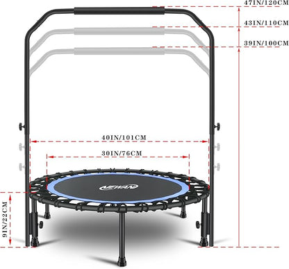 Newan 40" Silent Mini Trampoline with Adjustable Handle Bar Fitness Trampoline Bungee Rebounder Jumping Cardio Trainer Workout for Adults - Max Limit 330 lbs
