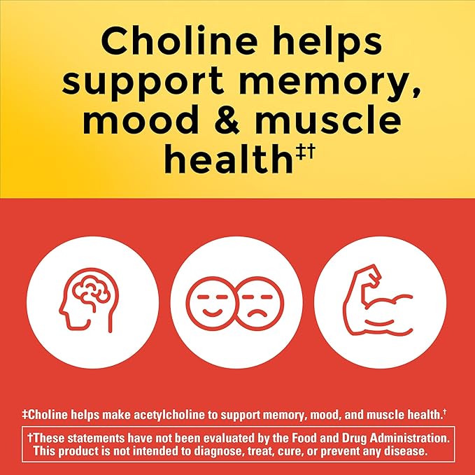Nature Made Extra Strength Dosage Choline Supplements 800 Mg Per 3 Capsules, Brain Health, Mood, Muscle & Liver Support, Vegetarian, 60 Capsules, 20 Day Supply