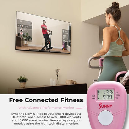 Sunny Health & Fitness Smart Upright Row-N-Ride Trainer w/Adjustable Resistance, Foldable Home Exercise Equipment for Arm, Glute & Leg Training, Free SunnyFit App Bluetooth Connect, Optional in Colors