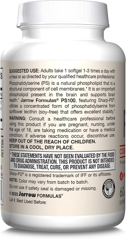 Jarrow Formulas PS100 Phosphatidylserine 100 mg, Dietary Supplement for Brain Health and Cognition Support, 60 Softgels, 20-60 Day Supply, Pack of 12