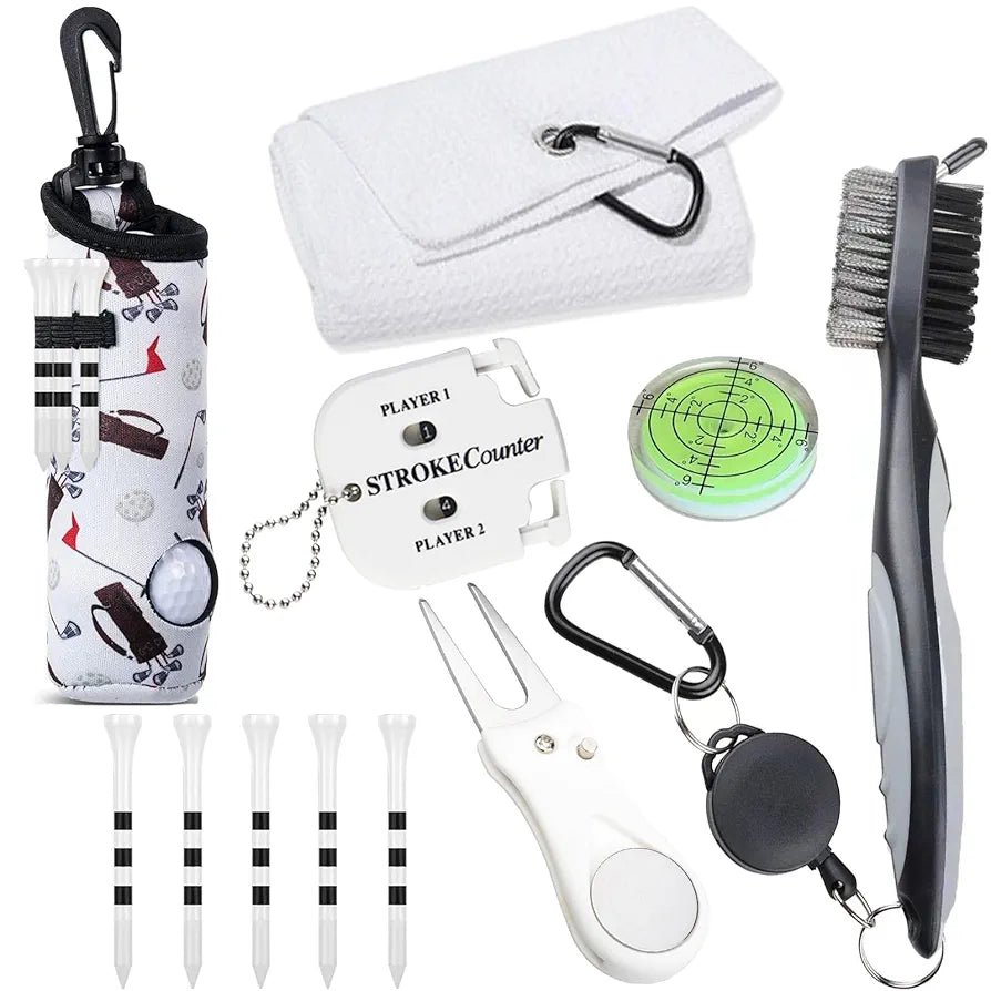 11 Pcs Golf Accessories Kit, Include Golf Tees Golf Towel Golf Ball Bag with Hook Cleaner Brush Golf Ball Marker Golf Divot Tool Golf Score Counter