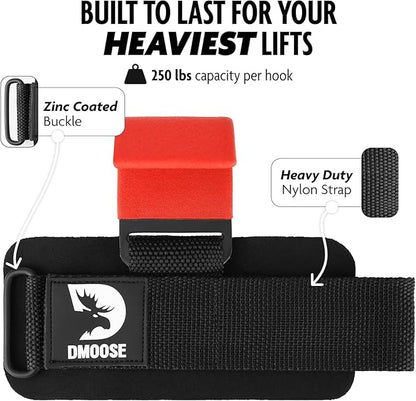 DMoose Fitness Weight Lifting Hooks (Pair) for Deadlifts, Pull Ups & Shrugs - 500 Lbs Capacity, Thick Wrist Padding - Heavy Duty Gym Workout Grips Straps for Men and Women