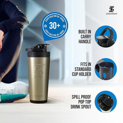 Ice Shaker Insulated Stainless Steel Shaker Bottle | 26oz, Gold | Cold for 30+ Hours | Insulated Cup with Twist-on Agitator | Odor-Free Shaker Cup for Protein Shakes, Water, Smoothies, Cocktails