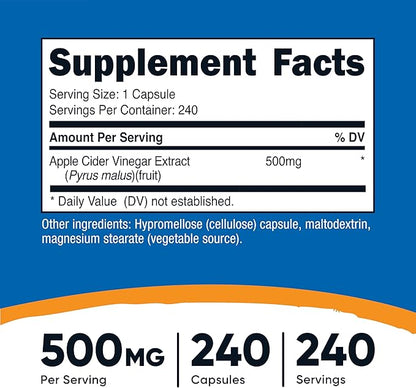 Nutricost Apple Cider Vinegar Capsules 500mg, 240 Vegetarian Capsules - Natural, Vegetarian, GMP, Non-GMO and Gluten Free