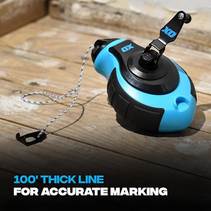 OX Tools OX-P027731 Chalk Line - 100' Thick Line, Curved Hook, 6:1 Gear Ratio, Metal Handle, Easy Top Load, Ergonomic Shape & Rubber Grips - Ideal for Deck Builders, Framers, Roofers