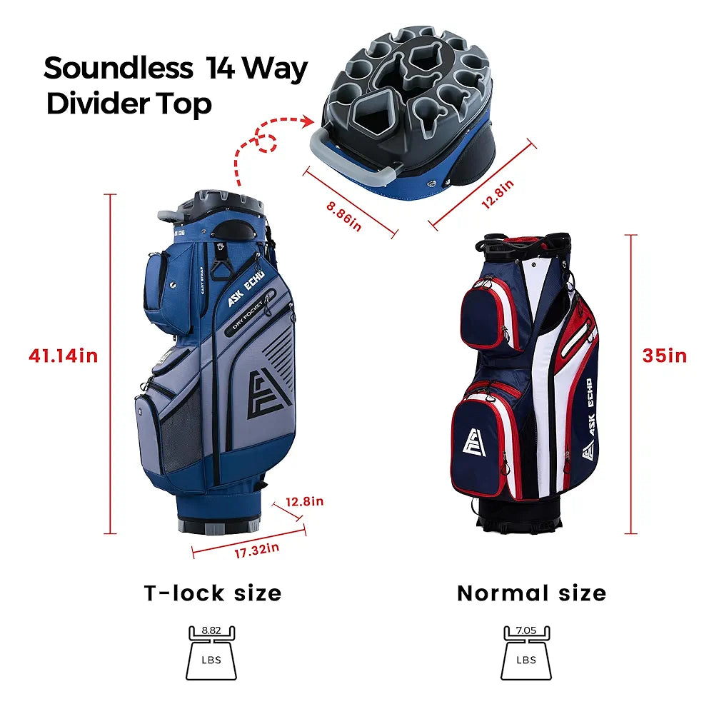 ASK ECHO 2024 T-Lock Golf Cart Bag with 14 Way Organizer Divider Top, Premium Cart Bag with Handles and Rain Cover, for Men