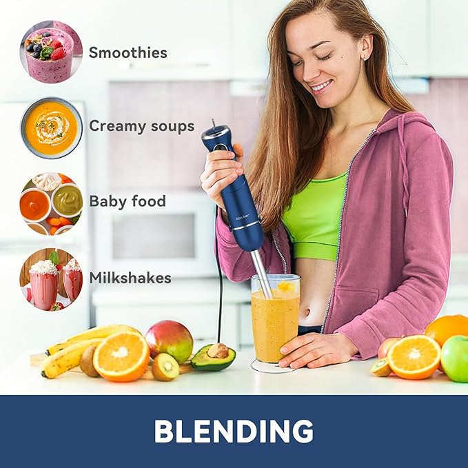 Immersion Blender Handheld 5 in 1 Hand Blender, 1000W Hand Mixer Stick, BPA-Free 12 Speed Handheld Blender 304 Stainless, Beaker, Chopper, Whisk and Milk Frother, Soup, Smoothies, Baby Food, Sauce