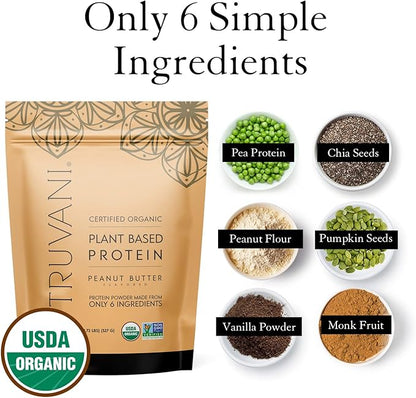 Truvani Vegan Pea Protein Powder | Peanut Butter | 20g Organic Plant Based Protein | 10 Servings | Keto | Gluten & Dairy Free | Low Carb | No Added Sugar