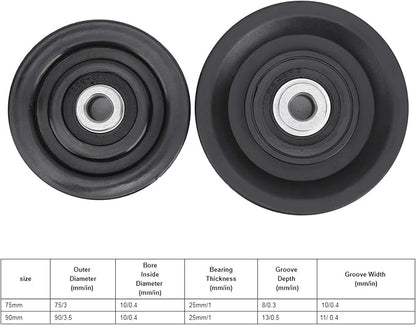Keenso 10 Pcs/Set 75mm/90mm Nylon Bearing Pulley Wheel Replacement Black for Cable Machine Gym Equipment Exercise Strength Training Accessory