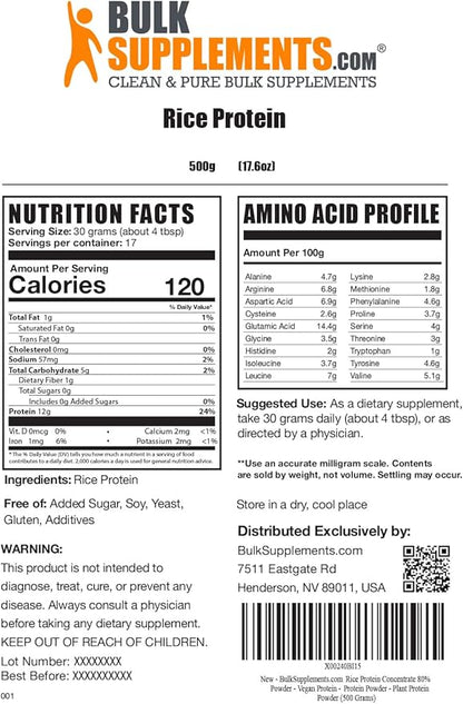BulkSupplements.com Organic Rice Protein Powder - Unflavored Protein Powder, Plant Protein Powder - Vegan, Dairy Free & Gluten Free, 30g per Serving, 500g (1.1 lbs) (Pack of 1)
