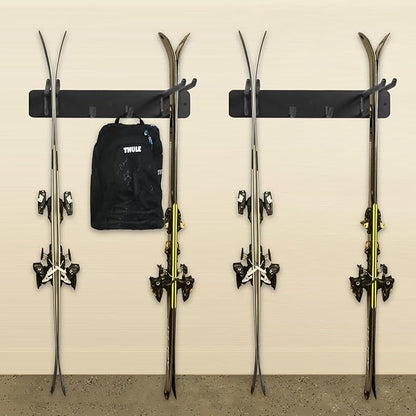 Wall Mount Ski Storage Rack,Garage Snowboard Storage Organizer 8 Pairs Metal Hooks Indoor Outdoor System Organization