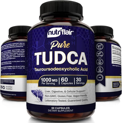 NutriFlair Pure TUDCA 1000mg - Premium Tauroursodeoxycholic Acid Bile Salts, Detox & Cleanse, Non-GMO, Gluten-Free. Liver, Kidney & Gallbladder Support- Made in USA, 60 Capsules