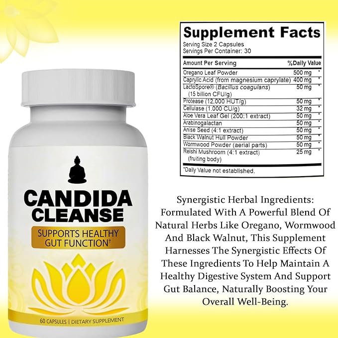 Candida Cleanse - Gut & Colon Support, Advanced Probiotic & Herbal Formula, Natural Herbal Formula, Oregano Leaf, Wormwood, Black Walnut, Caprylic Acid-1 for Men & Women, 60 Capsules