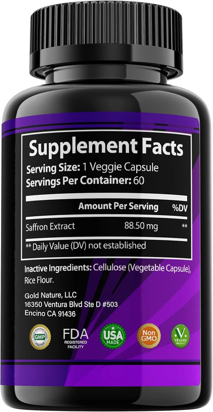 Golden Saffron, Saffron Extract 8825 (Vegetarian) - Best All Natural Appetite Suppressant That Works - 88.5 mg per Capsule - Manufactured by Highest Grade Saffron, Non-GMO, 30 Day Supply