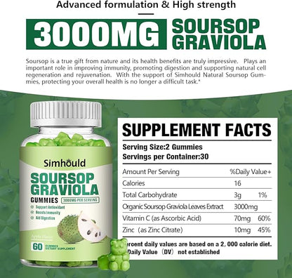 1 Pack Soursop Graviola Gummies - 3000mg Extra Strength Soursop Leaves Supplement with Vitamin C, Zinc - Digestive Aid, Immune Support & Antioxidant - Sugar-Free, Non-GMO, Vegan, 60 Counts