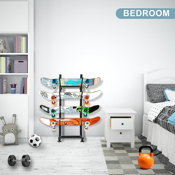 BiJun Skateboard Racks Floor Stand, 4-Layer Skateboard Holder,Snowboard Storage Rack, Skateboard Organizer Floor Stand for Deck, Longboard, Snowboard, Standard Skateboards, Mini Cruiser Skateboard