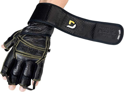 Elite Leather Gym Gloves with Built in 2" Wide Wrist Wraps Grip & Design for Weightlifting Power Lifting Bodybuilding & Strength Training Workout Exercises