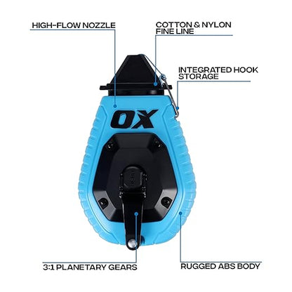 OX Pro 100ft Contractor Chalk Line with Blue Chalk Powder 4oz - Quick-Wind Cotton Nylon Basic Bold Line Marking Tool in Pointed Tip ABS Plastic - 3:1 Gear Ratio Chalk Reel Tool OX-T630601
