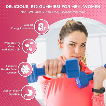Vitamin B12 Complex Gummies - 5000 mcg Methylcobalamin with Iron, Vitamin C, D3 & Folate, Energy Support & Metabolism, Immune, B-12 Chewable Supplement for Men & Women, Strawberry Flavor, 2 Pack