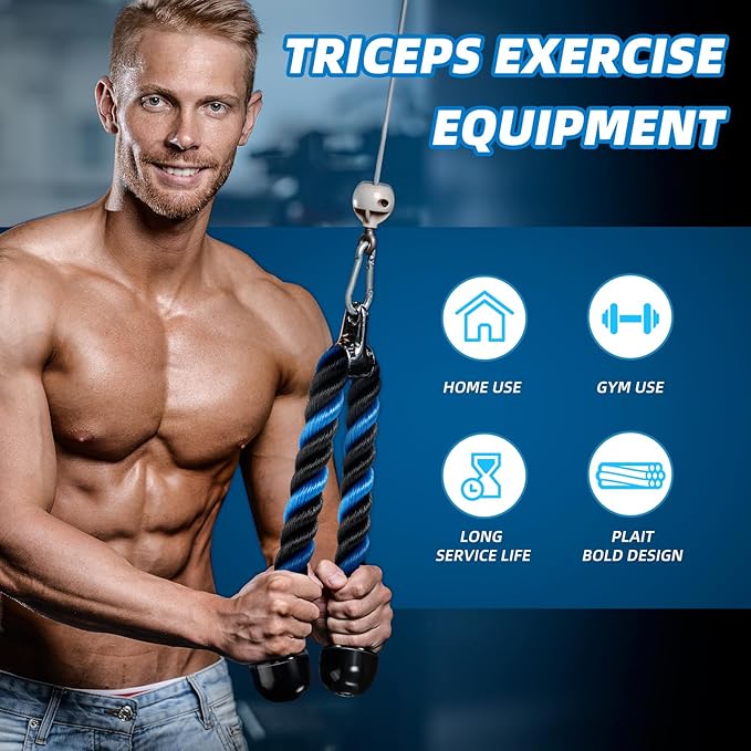 tchrules Universal Tricep Rope Pull Down, 27 Inch Heavy Duty Rope Length, Easy to Grip & Non Slip Cable Workout Exercise Machine Attachment, Suitable for Professional Gyms
