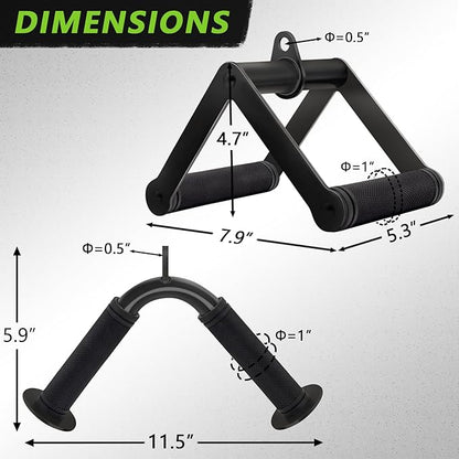 Double D Row Handle Cable Attachment for Weight Workout, Steel with Non-Slip Rubber Grip (Black)