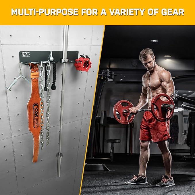 Double Circle Gym Equipment Storage Rack - Multi Purpose Gym Equipment Wall Rack Hanger for Pro Home Gym Storage for Exercise Bands, Barbell Bar, Jump Ropes, Chains, Lifting Belts (17" - Hooks)
