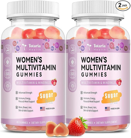 Sugar Free Multivitamin Gummies for Women 14+ w/Inositol, Iron, Folate, Biotin, Womens Daily Multivitamin Gummy w/Vitamin A, D, C, B, Support Hair, Skin, Energy, Immune, Strawberry Flavor