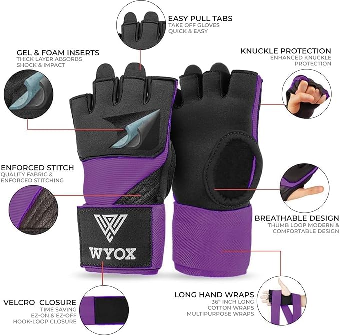 WYOX Gel Boxing Hand Wraps Inner Gloves for Men & Women, 80cm Quick Wrist Straps, Padded Knuckle Protection for Muay Thai Kickboxing, Hand Wraps for Boxing & Martial Arts